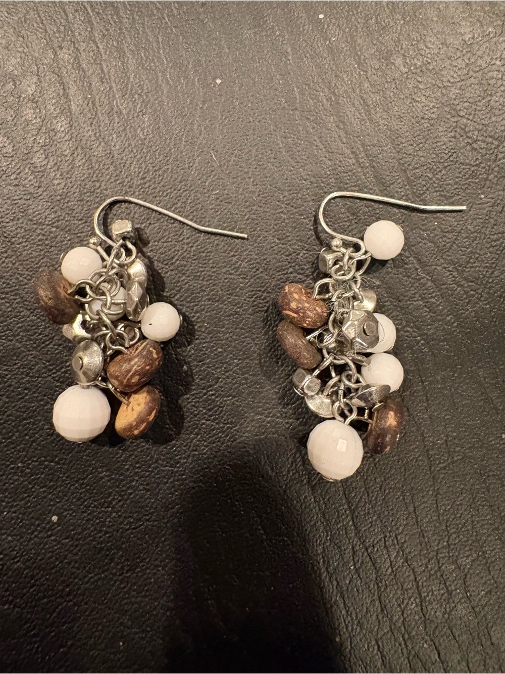 Cluster Dangle Earrings with White Beads and Brown Accents